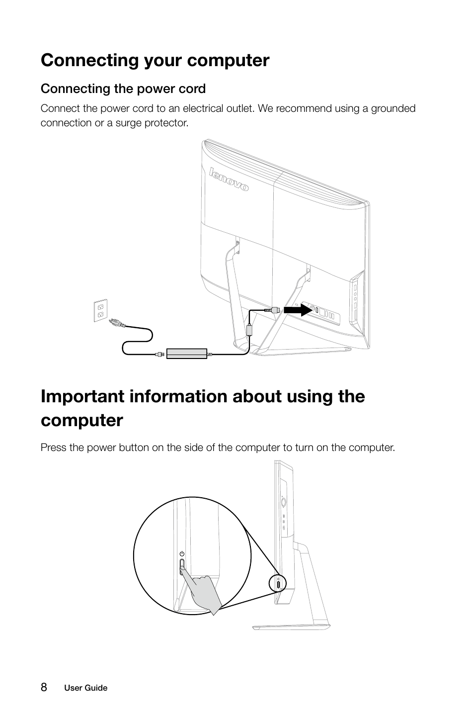 Connecting your computer, Important information about using the computer | Lenovo C470 All in One User Manual | Page 13 / 63