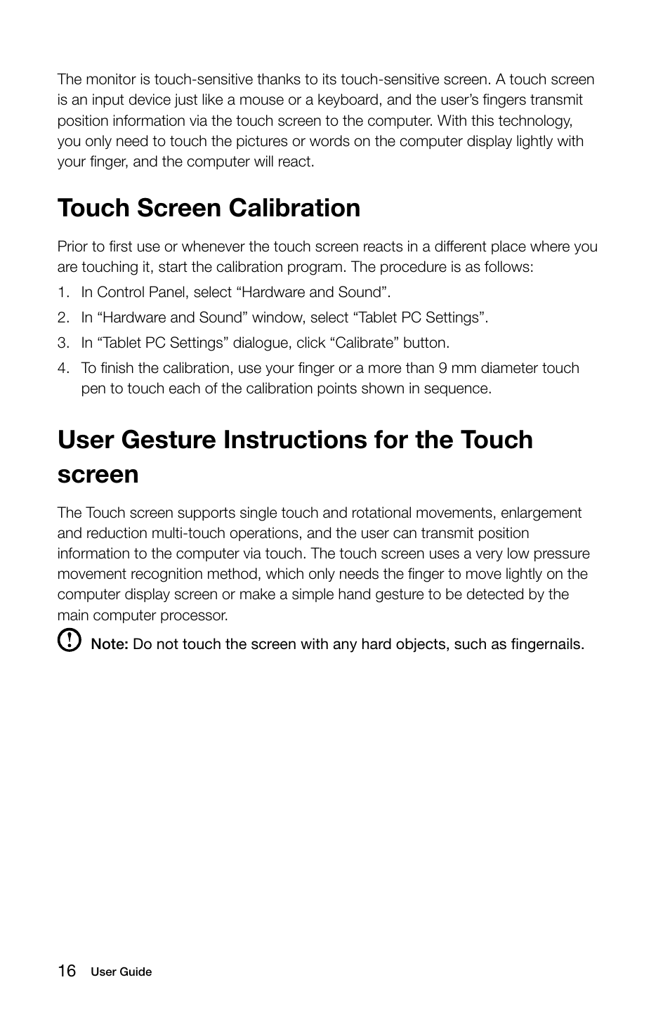Touch screen calibration, User gesture instructions for the touch screen | Lenovo C470 All in One User Manual | Page 21 / 63