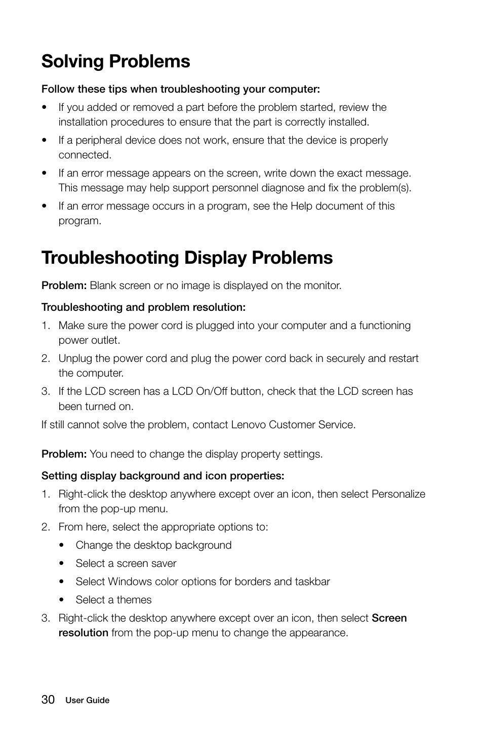 Troubleshooting display problems, Solving problems | Lenovo C470 All in One User Manual | Page 35 / 63