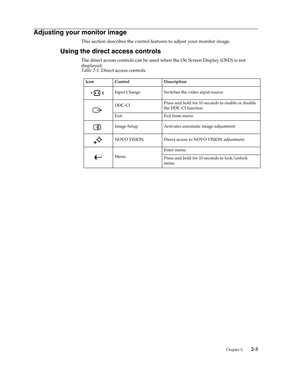 Adjusting your monitor image, Using the direct access controls, Adjusting your monitor image -3 | Using the direct access controls -3 | Lenovo LI2223s Wide LCD Monitor User Manual | Page 13 / 30