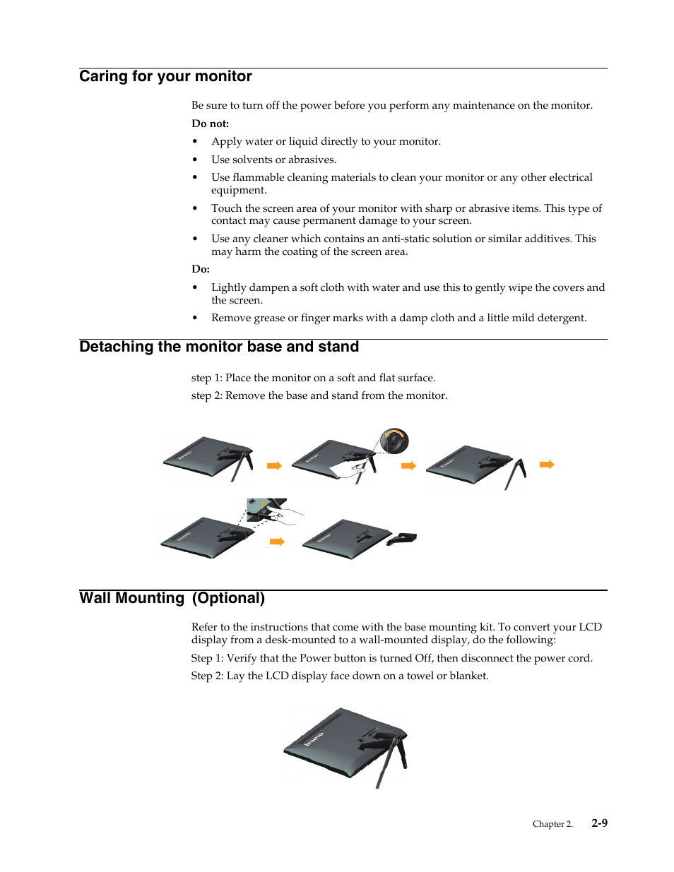 Caring for your monitor, Detaching the monitor base and stand, Caring for your monitor -9 | Detaching the monitor base and stand -9, Wall mounting (optional) | Lenovo LI2223s Wide LCD Monitor User Manual | Page 19 / 30