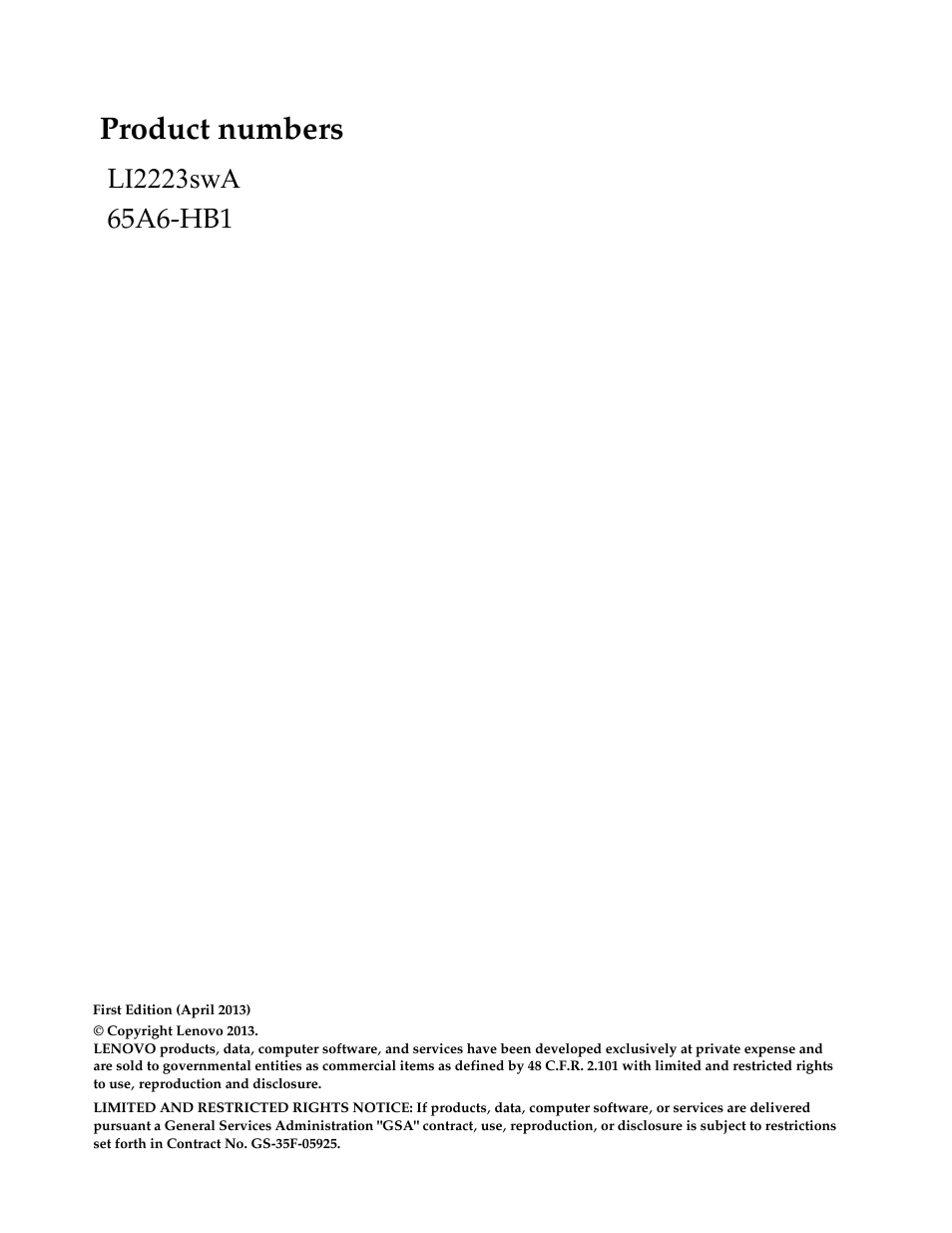 Product numbers, I2223swa, 65a6-hb1 | Lenovo LI2223s Wide LCD Monitor User Manual | Page 2 / 30