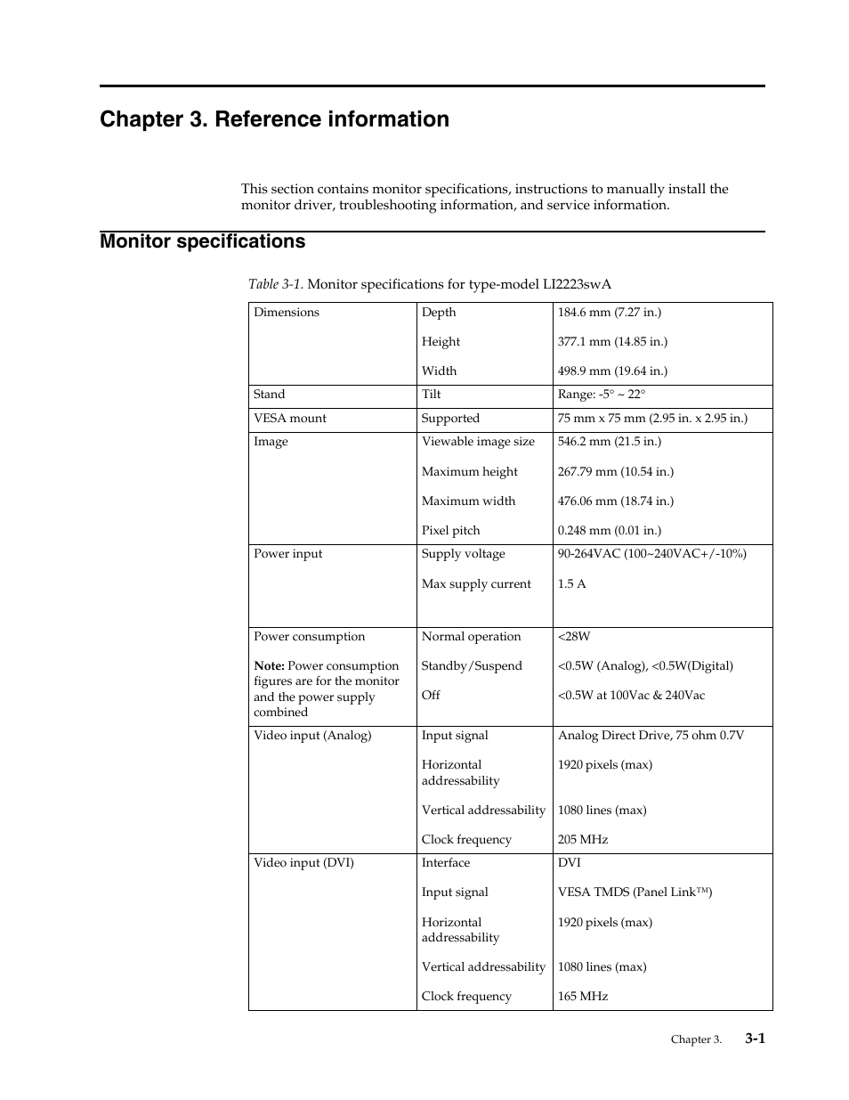 Chapter 3. reference information, Monitor specifications, Chapter 3 | Refe, Monitor specifications -1 | Lenovo LI2223s Wide LCD Monitor User Manual | Page 21 / 30