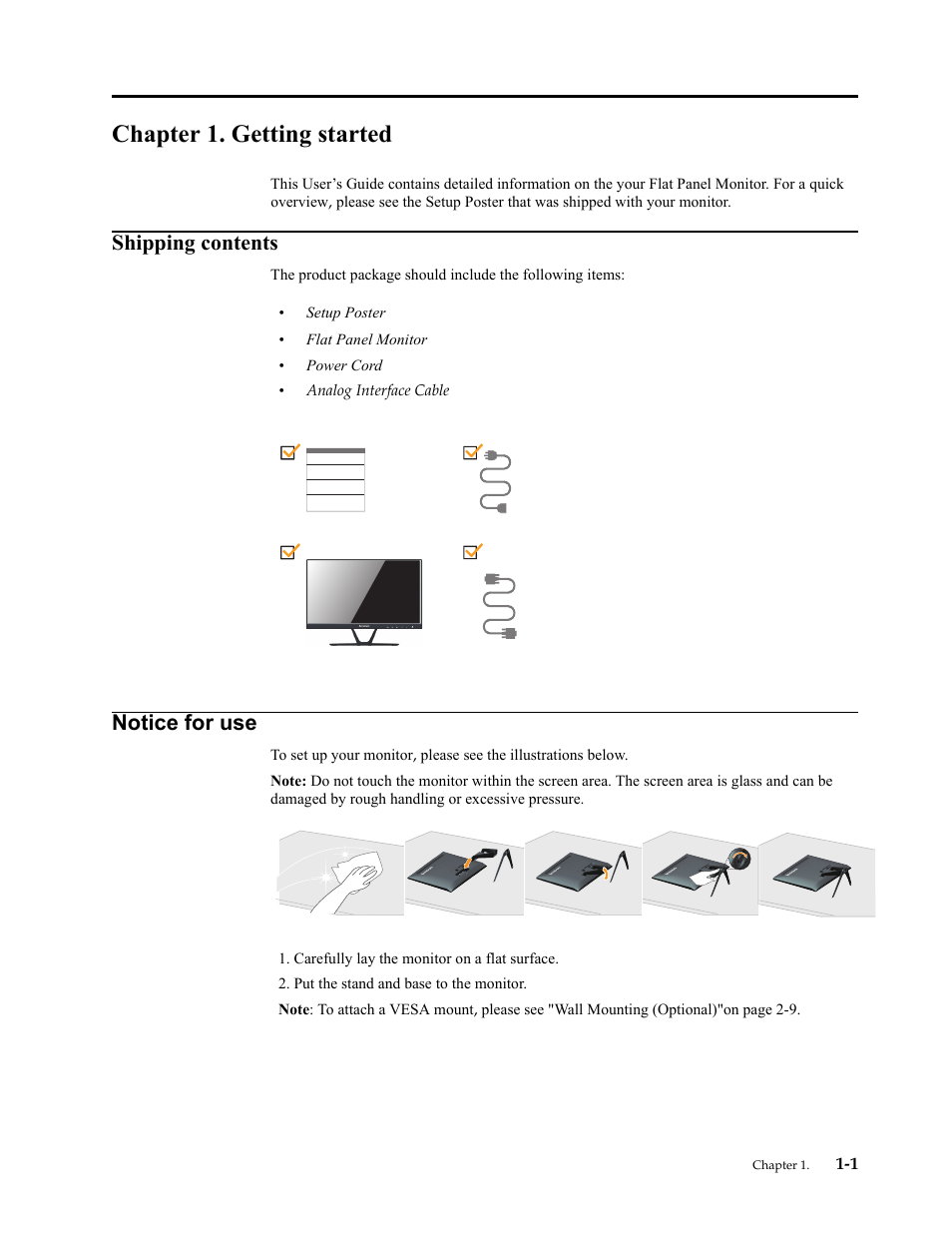 Chapter 1. getting started, Shipping contents, Notice for use | Chapter 1. getting, Shipping contents -1, Notice for use -1 | Lenovo LI2223s Wide LCD Monitor User Manual | Page 5 / 30