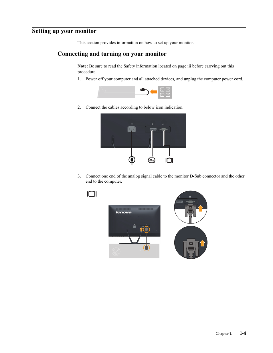 Setting up your monitor, Connecting and turning on your monitor, Setting up your monitor -4 | Connecting and turning on your monitor -4 | Lenovo LI2223s Wide LCD Monitor User Manual | Page 8 / 30