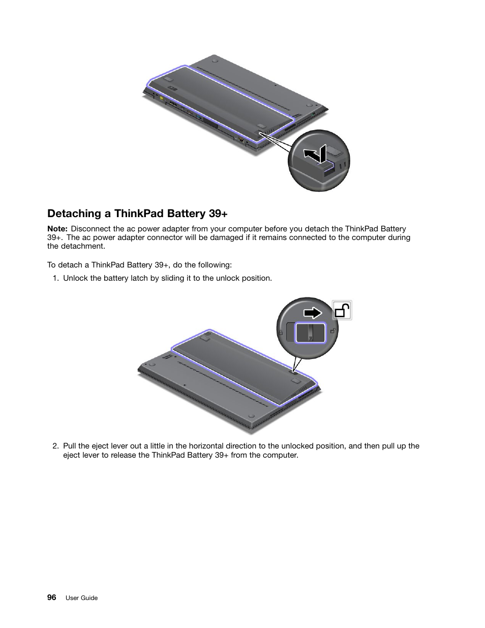 Detaching a thinkpad battery 39 | Lenovo IdeaPad U300e User Manual | Page 112 / 181