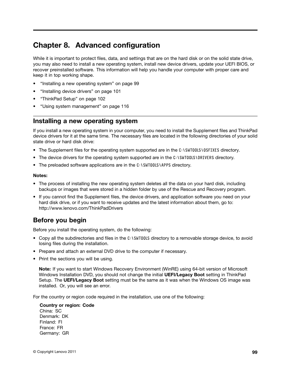 Chapter 8. advanced configuration, Installing a new operating system, Before you begin | Lenovo IdeaPad U300e User Manual | Page 115 / 181