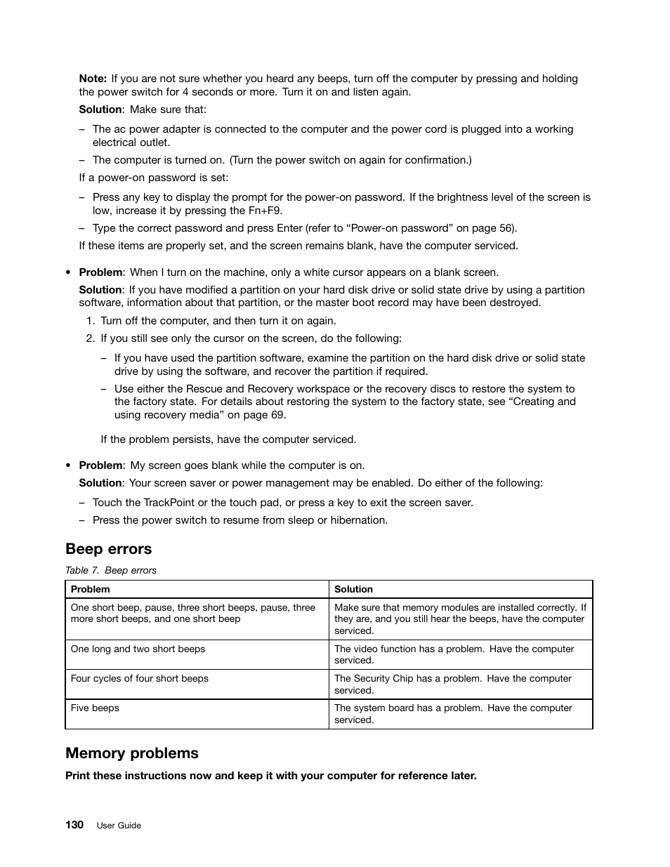 Beep errors, Memory problems | Lenovo IdeaPad U300e User Manual | Page 146 / 181
