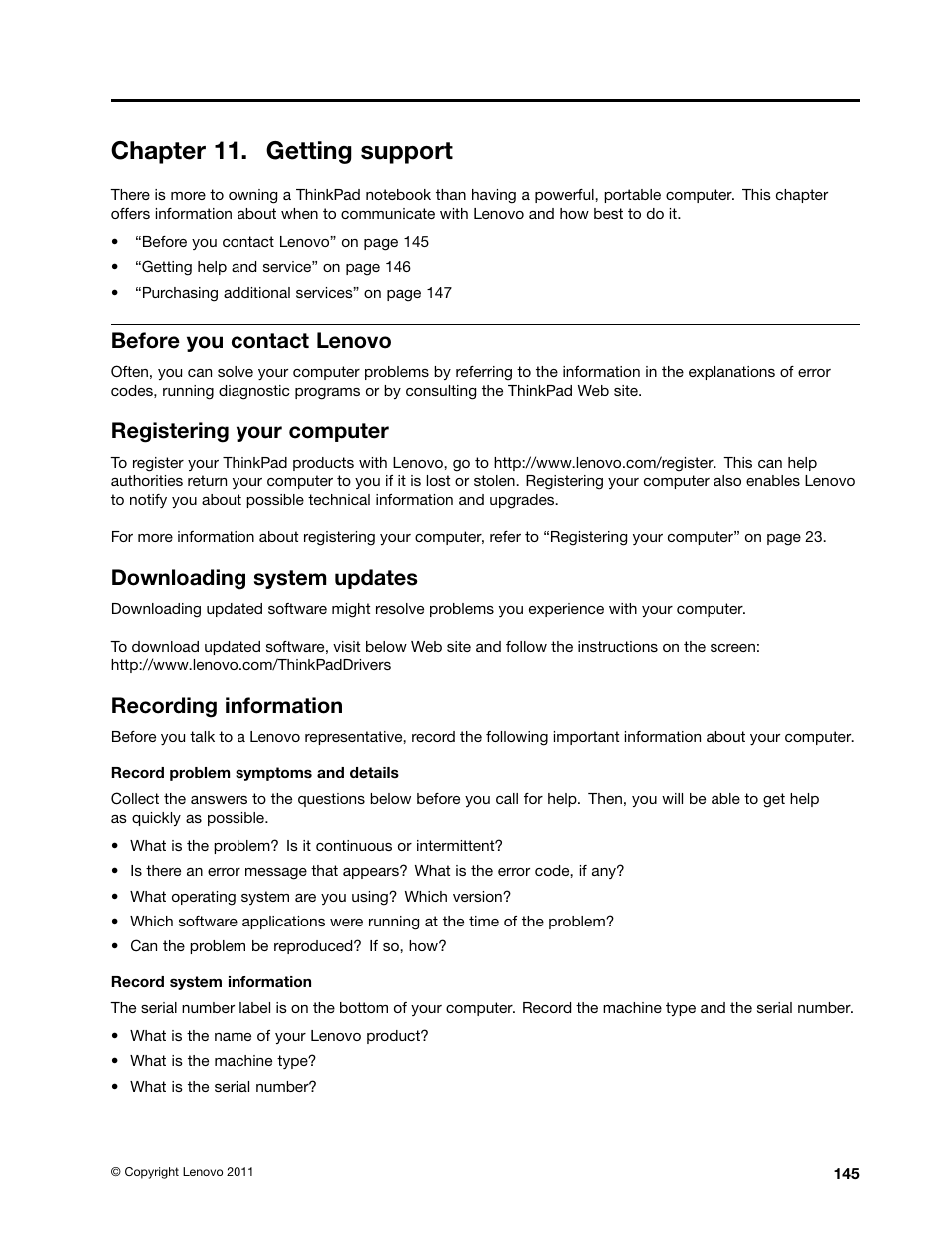 Chapter 11. getting support, Before you contact lenovo, Registering your computer | Downloading system updates, Recording information | Lenovo IdeaPad U300e User Manual | Page 161 / 181