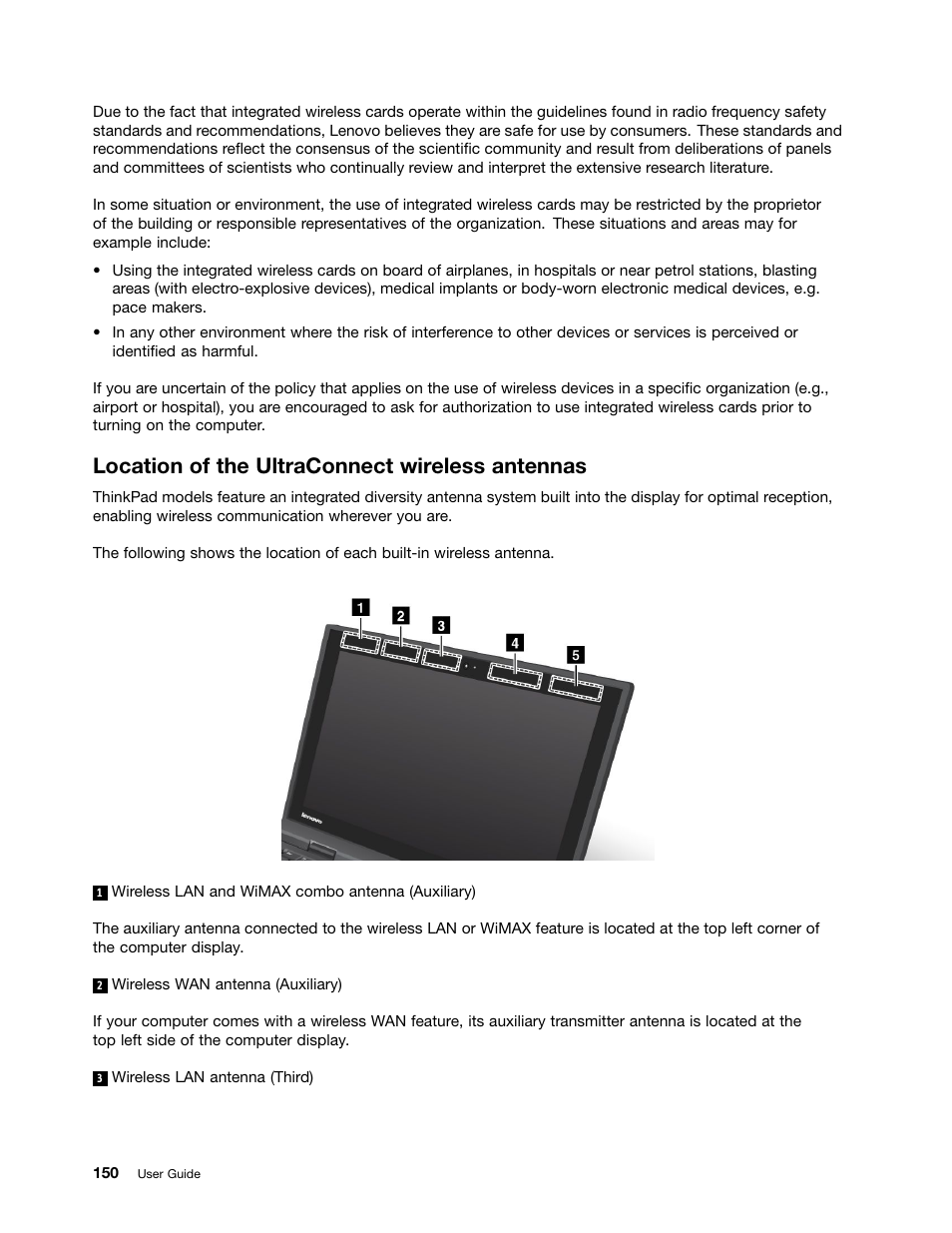 Location of the ultraconnect wireless antennas | Lenovo IdeaPad U300e User Manual | Page 166 / 181