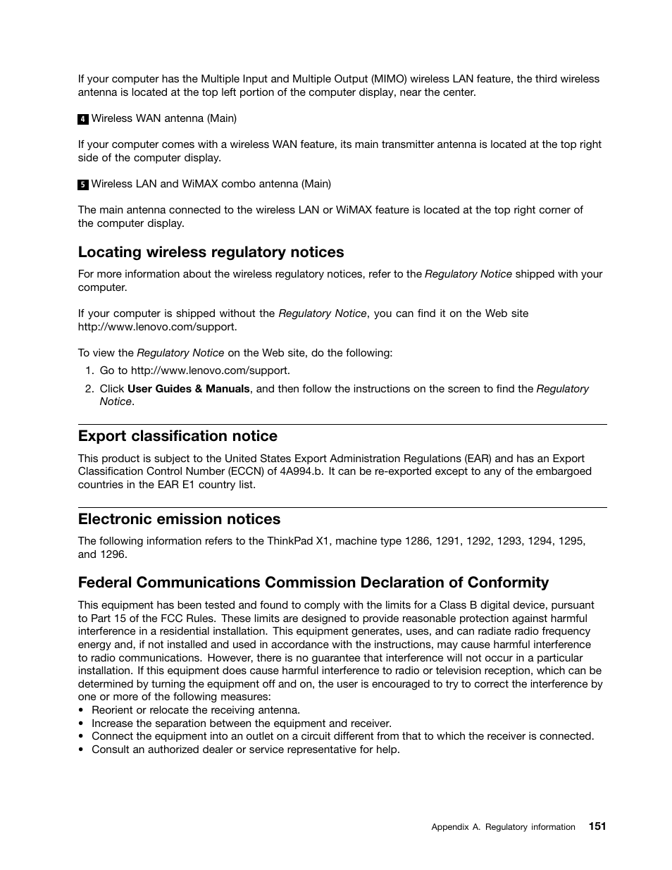 Locating wireless regulatory notices, Export classification notice, Electronic emission notices | Lenovo IdeaPad U300e User Manual | Page 167 / 181