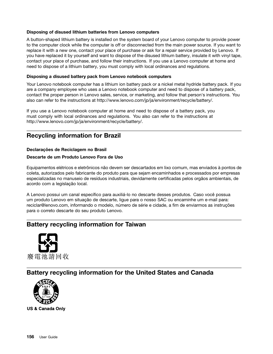 Recycling information for brazil, Battery recycling information for taiwan | Lenovo IdeaPad U300e User Manual | Page 172 / 181