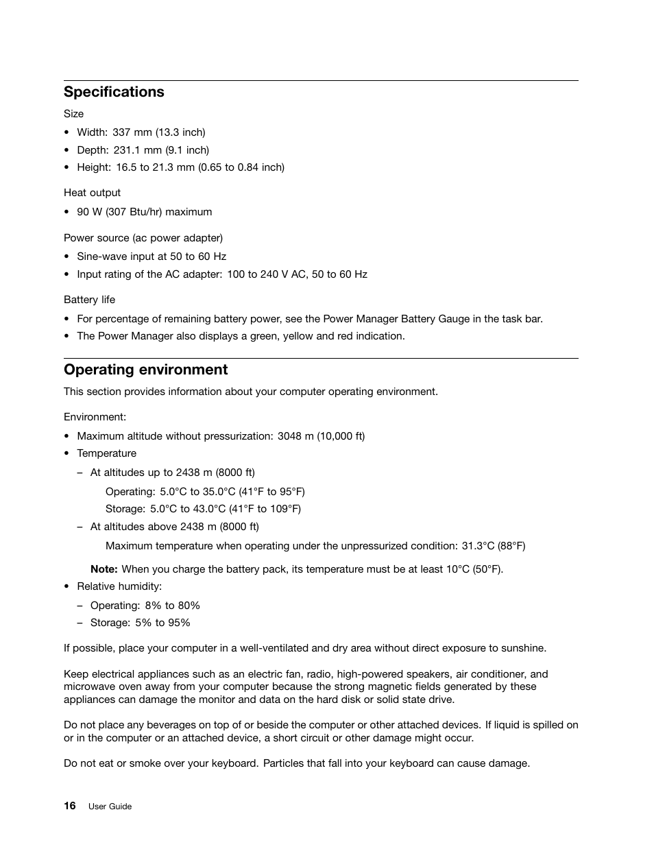 Specifications, Operating environment | Lenovo IdeaPad U300e User Manual | Page 32 / 181