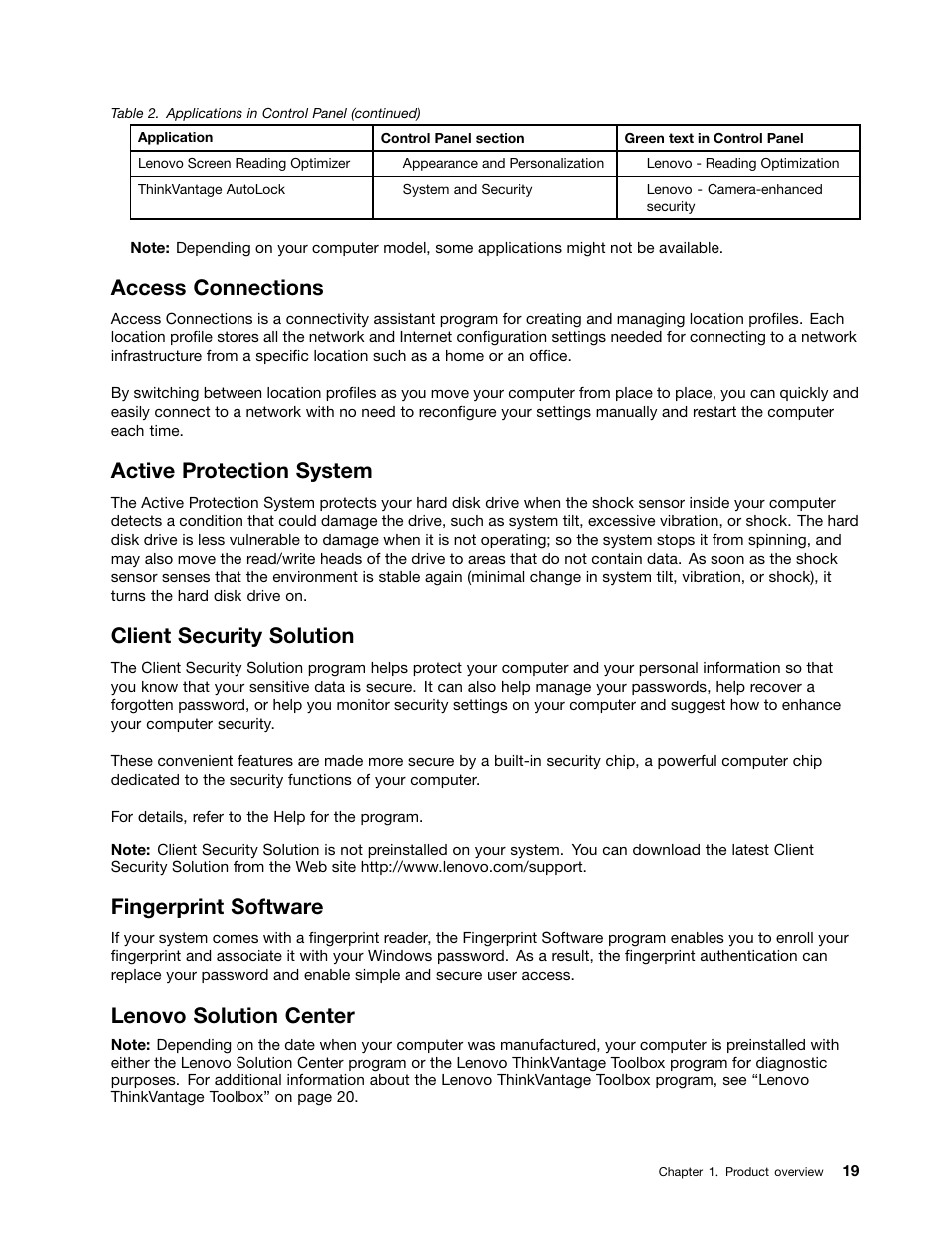 Access connections, Active protection system, Client security solution | Fingerprint software, Lenovo solution center | Lenovo IdeaPad U300e User Manual | Page 35 / 181