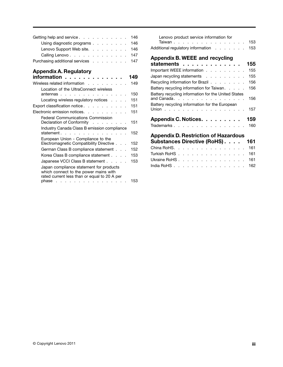 Appendix a. regulatory information, Appendix b. weee and recycling statements, Appendix c. notices | Lenovo IdeaPad U300e User Manual | Page 5 / 181