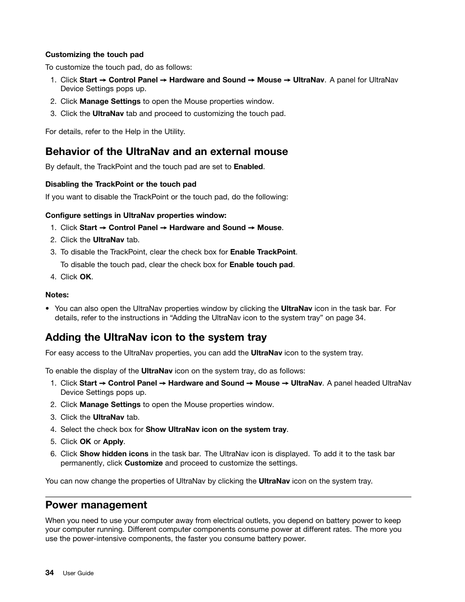 Behavior of the ultranav and an external mouse, Adding the ultranav icon to the system tray, Power management | Lenovo IdeaPad U300e User Manual | Page 50 / 181