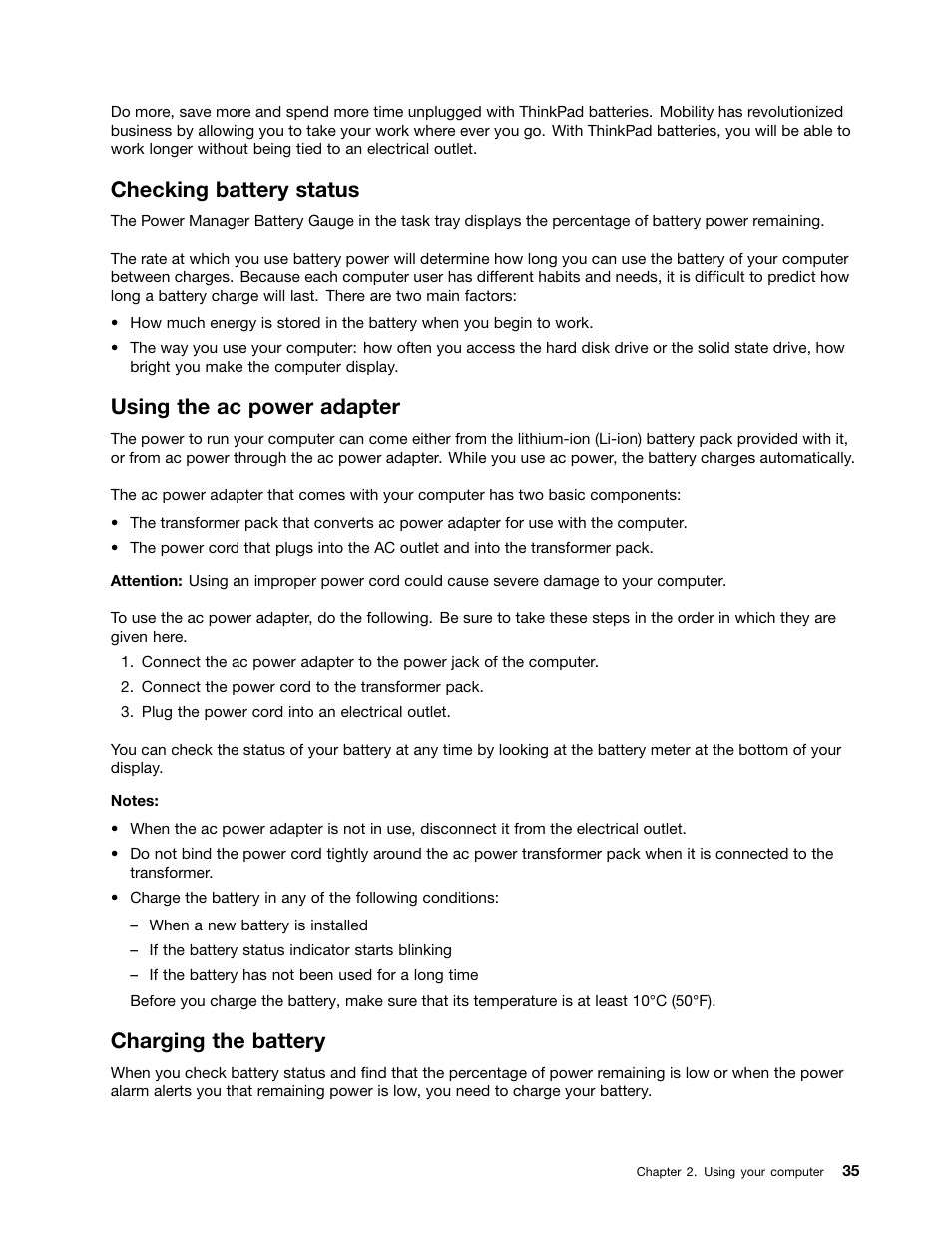 Checking battery status, Using the ac power adapter, Charging the battery | Lenovo IdeaPad U300e User Manual | Page 51 / 181