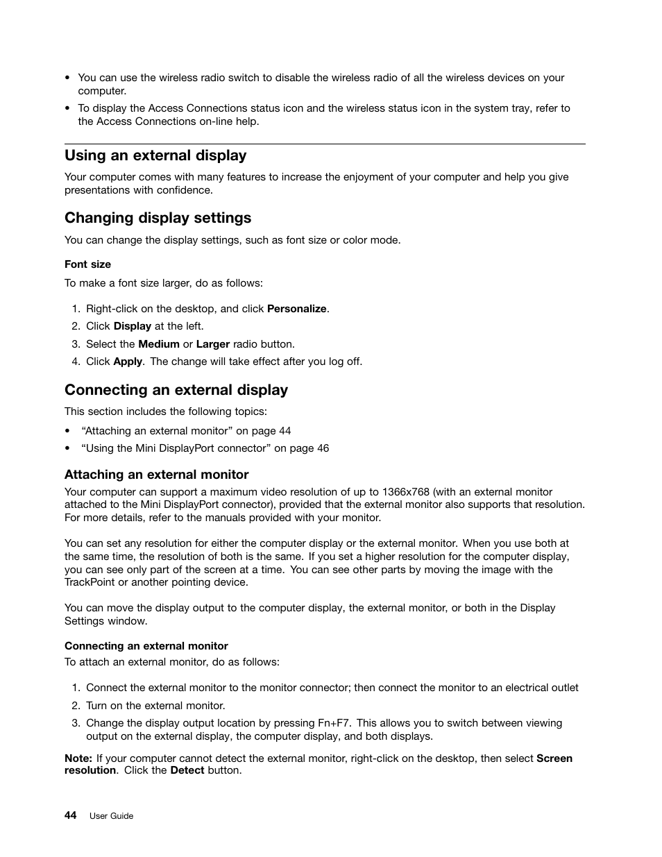 Using an external display, Changing display settings, Connecting an external display | Lenovo IdeaPad U300e User Manual | Page 60 / 181