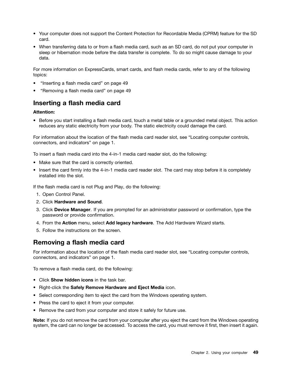 Inserting a flash media card, Removing a flash media card | Lenovo IdeaPad U300e User Manual | Page 65 / 181