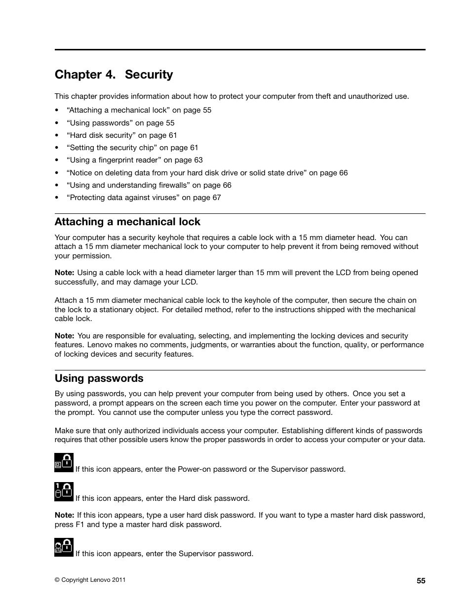 Chapter 4. security, Attaching a mechanical lock, Using passwords | Lenovo IdeaPad U300e User Manual | Page 71 / 181