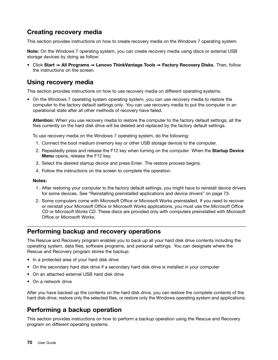 Creating recovery media, Using recovery media, Performing backup and recovery operations | Performing a backup operation | Lenovo IdeaPad U300e User Manual | Page 86 / 181