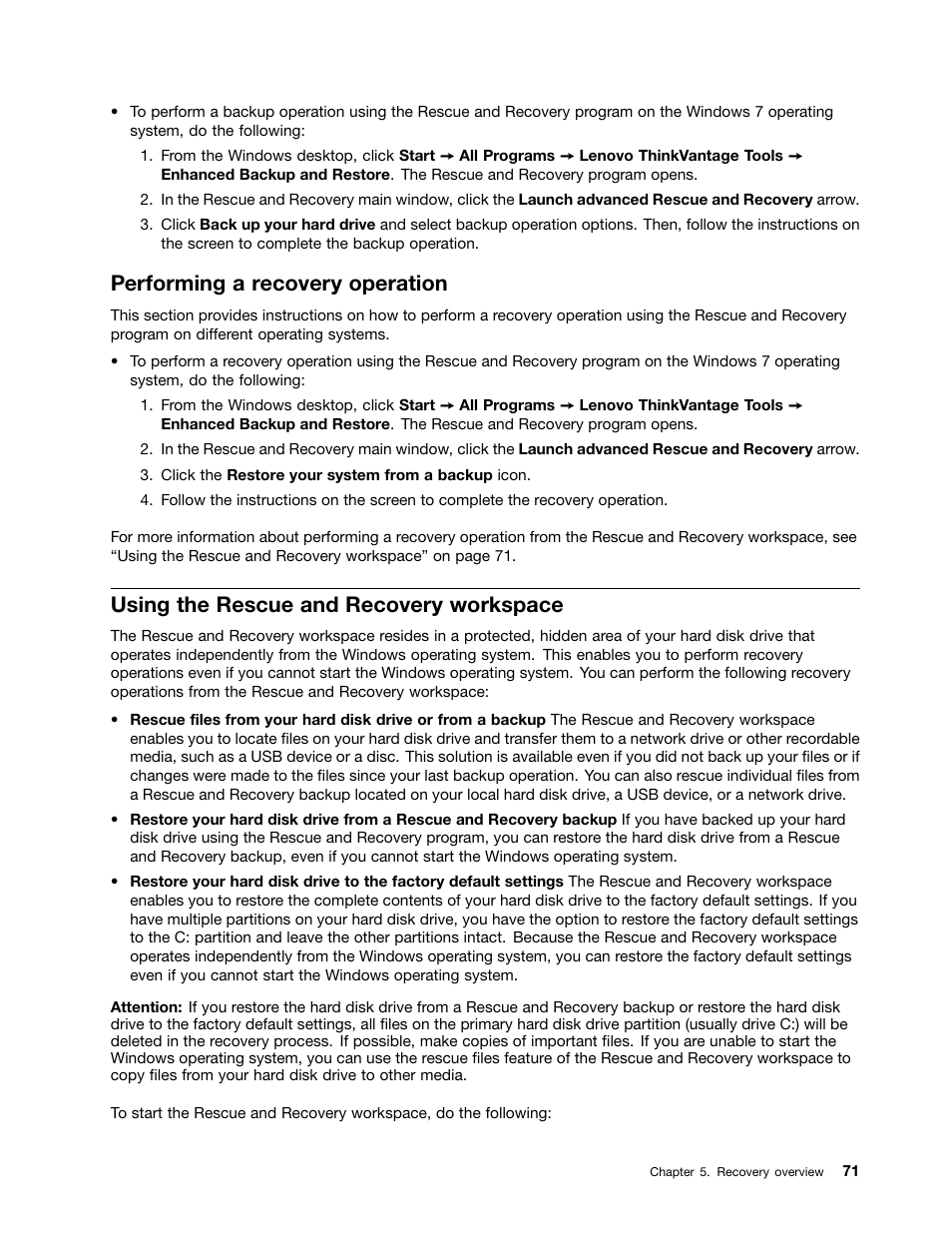 Performing a recovery operation, Using the rescue and recovery workspace | Lenovo IdeaPad U300e User Manual | Page 87 / 181