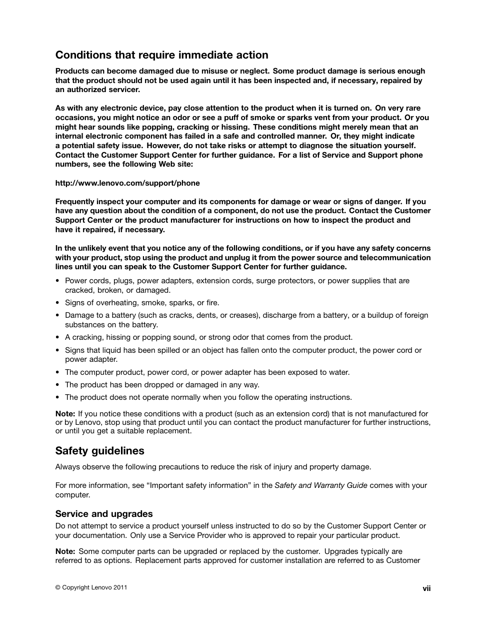 Conditions that require immediate action, Safety guidelines | Lenovo IdeaPad U300e User Manual | Page 9 / 181
