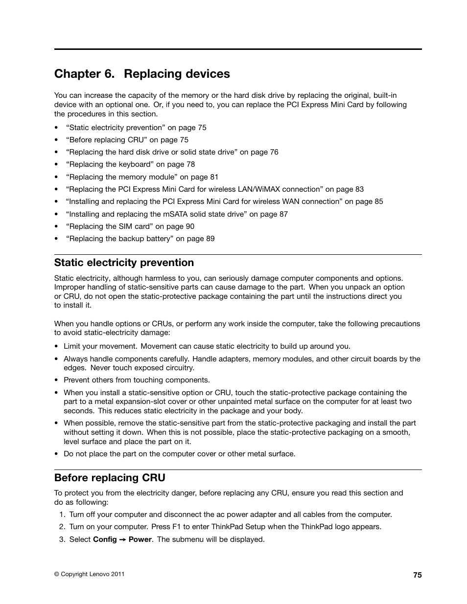 Chapter 6. replacing devices, Static electricity prevention, Before replacing cru | Before | Lenovo IdeaPad U300e User Manual | Page 91 / 181