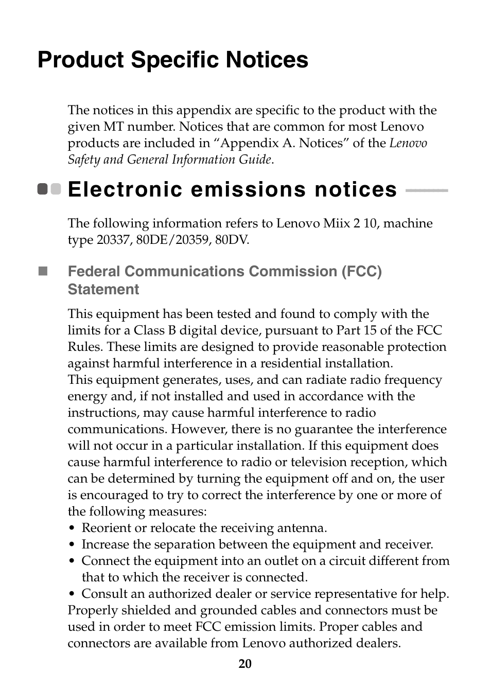 Product specific notices, Electronic emissions notices | Lenovo Miix 2 10 Tablet Lenovo User Manual | Page 20 / 27