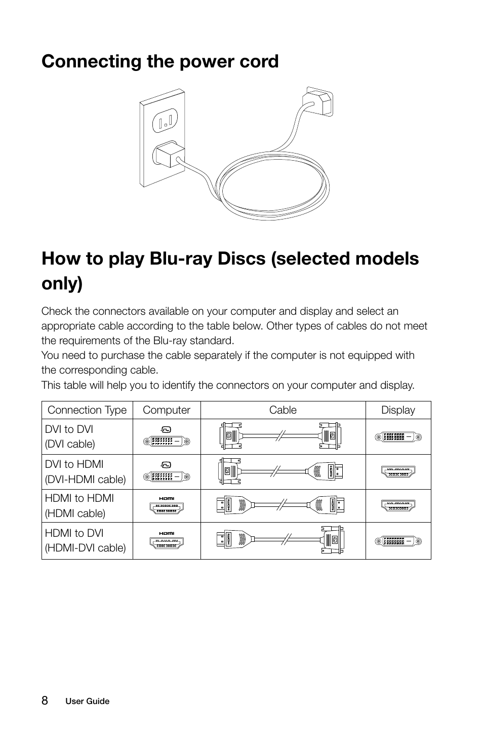 Connecting the power cord, How to play blu-ray discs (selected models only) | Lenovo H415 Desktop User Manual | Page 13 / 57