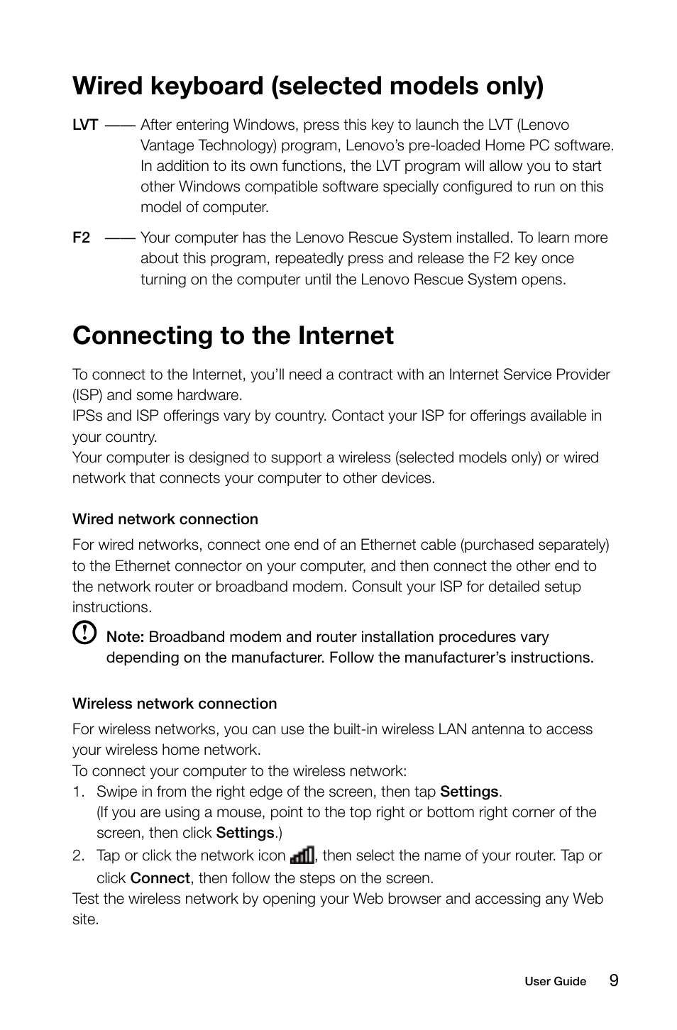 Wired keyboard (selected models only), Connecting to the internet | Lenovo H415 Desktop User Manual | Page 14 / 57