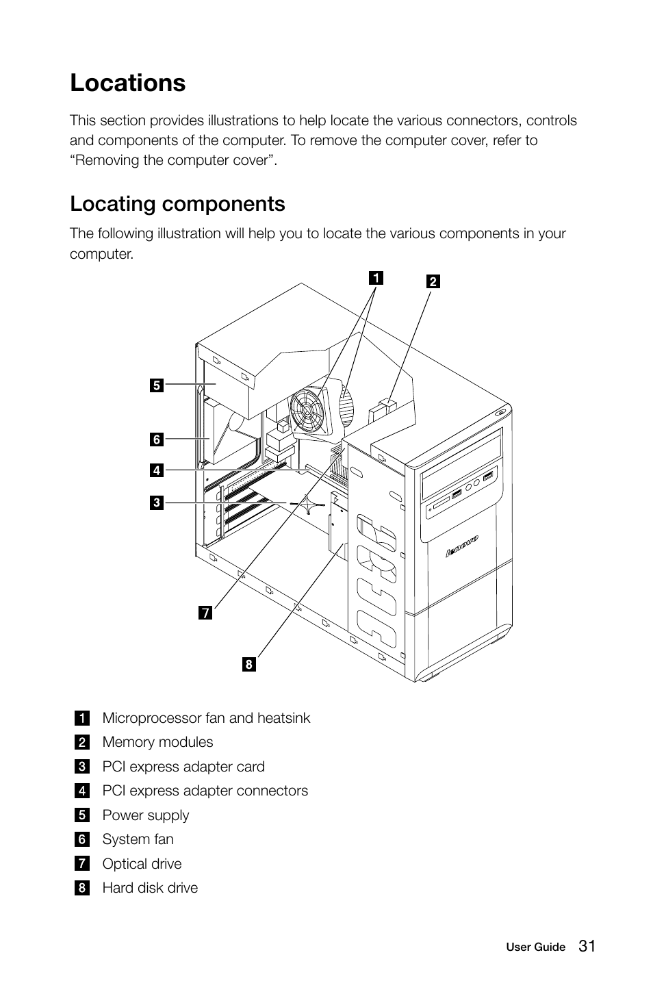Locations, Locating components | Lenovo H415 Desktop User Manual | Page 36 / 57