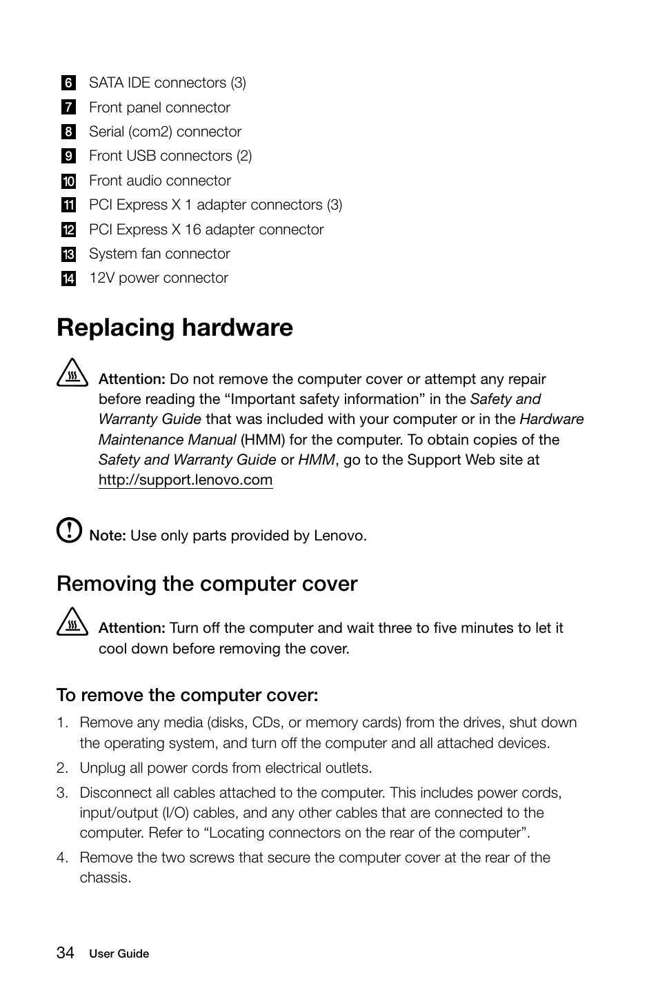 Replacing hardware, Removing the computer cover | Lenovo H415 Desktop User Manual | Page 39 / 57