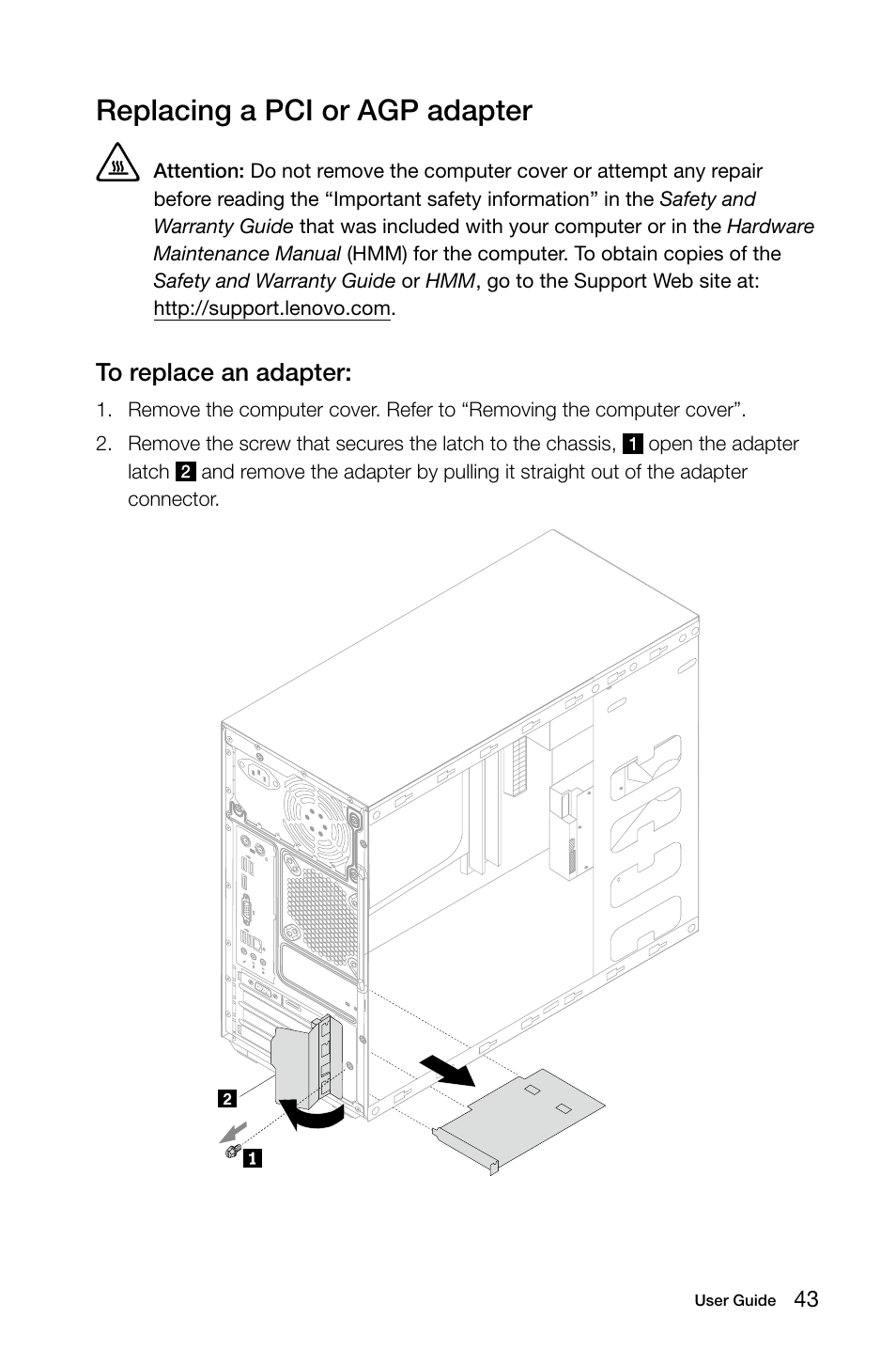 Replacing a pci or agp adapter | Lenovo H415 Desktop User Manual | Page 48 / 57