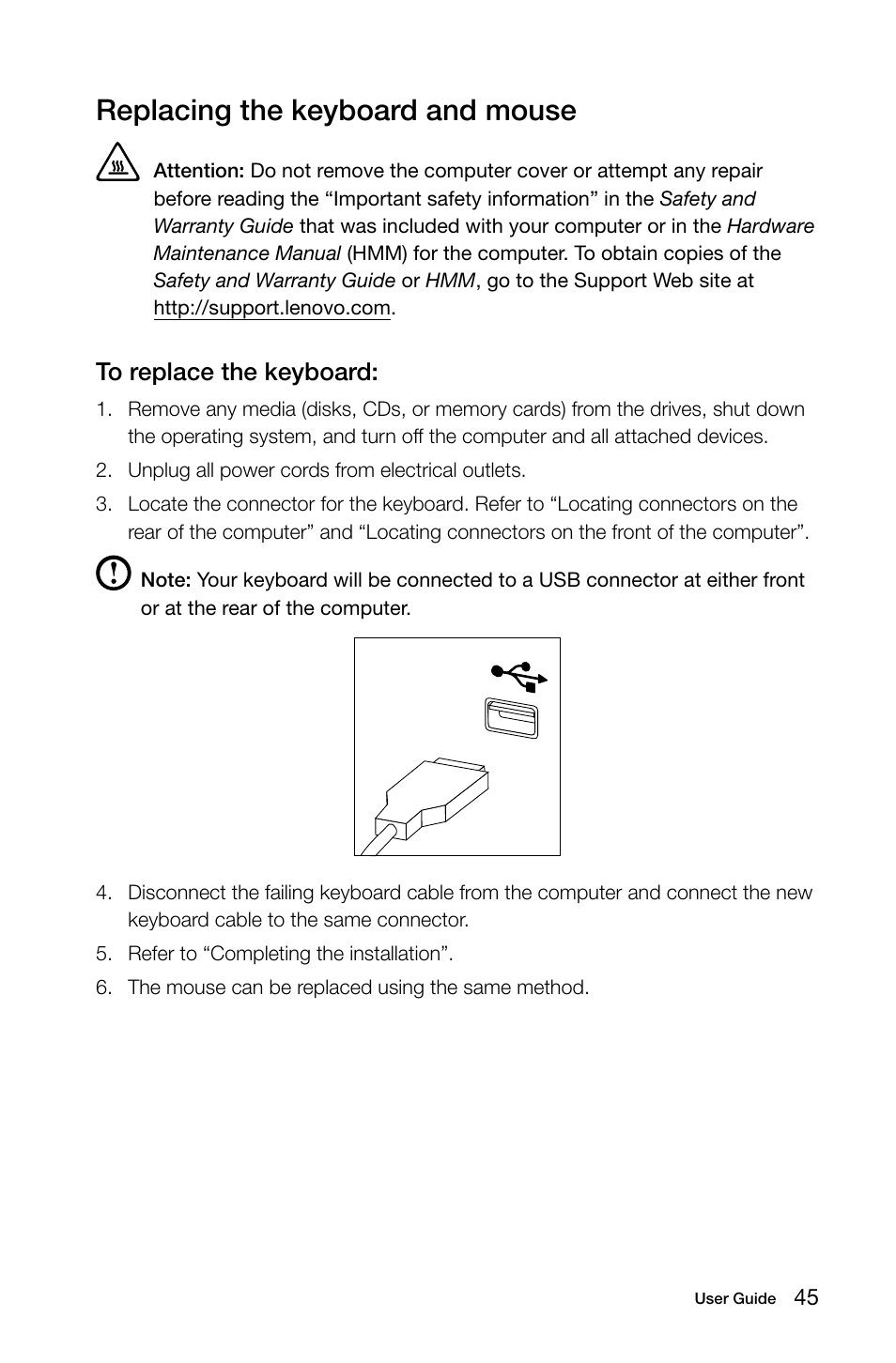 Replacing the keyboard and mouse | Lenovo H415 Desktop User Manual | Page 50 / 57