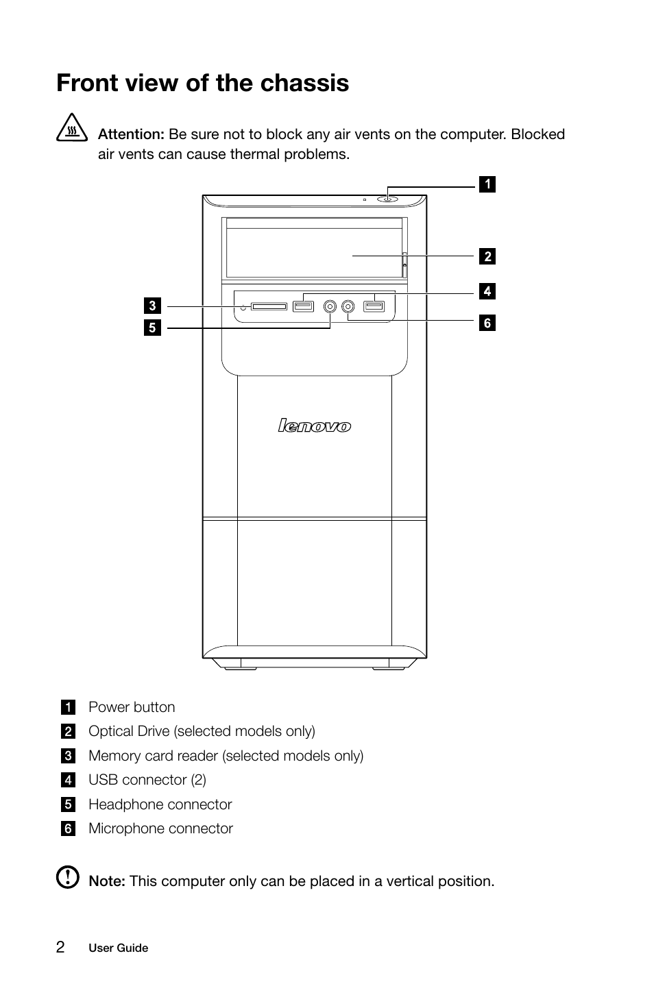 Front view of the chassis | Lenovo H415 Desktop User Manual | Page 7 / 57