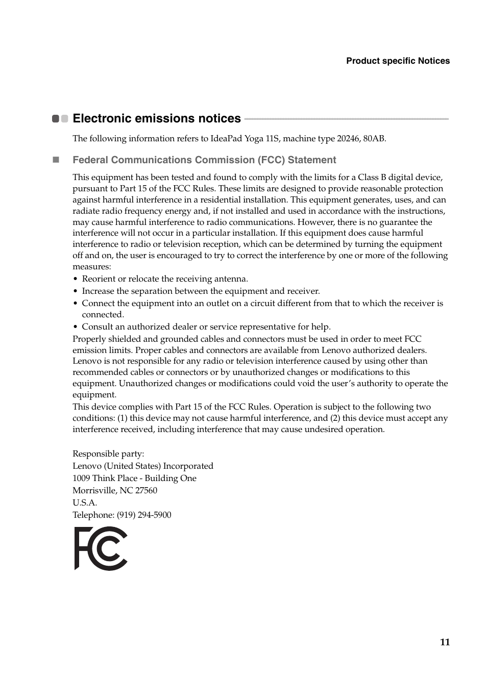 Electronic emissions notices | Lenovo Yoga 11s Notebook IdeaPad User Manual | Page 11 / 15