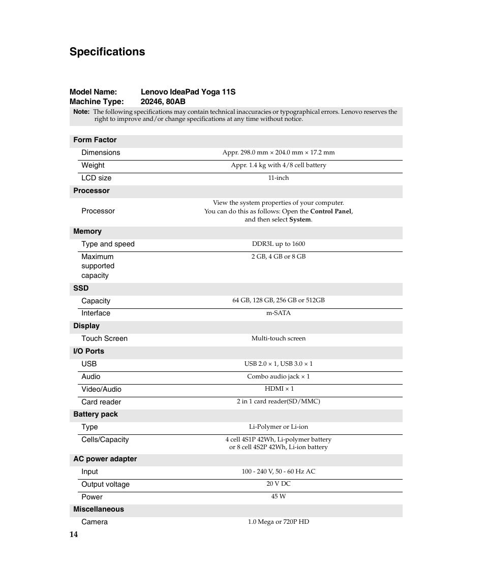 Specifications | Lenovo Yoga 11s Notebook IdeaPad User Manual | Page 14 / 15