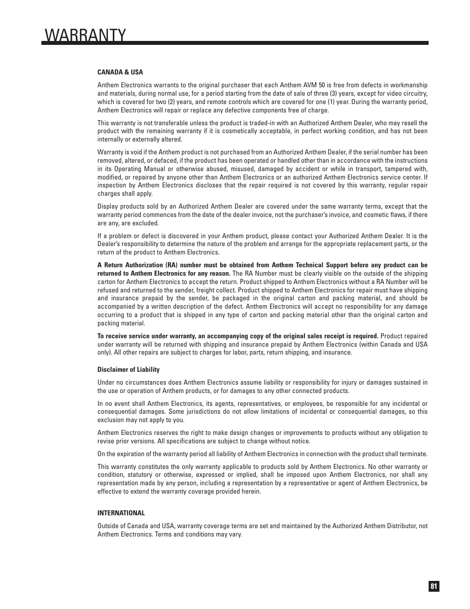 Warranty | Anthem Audio AVM 30-HD User Manual | Page 89 / 92