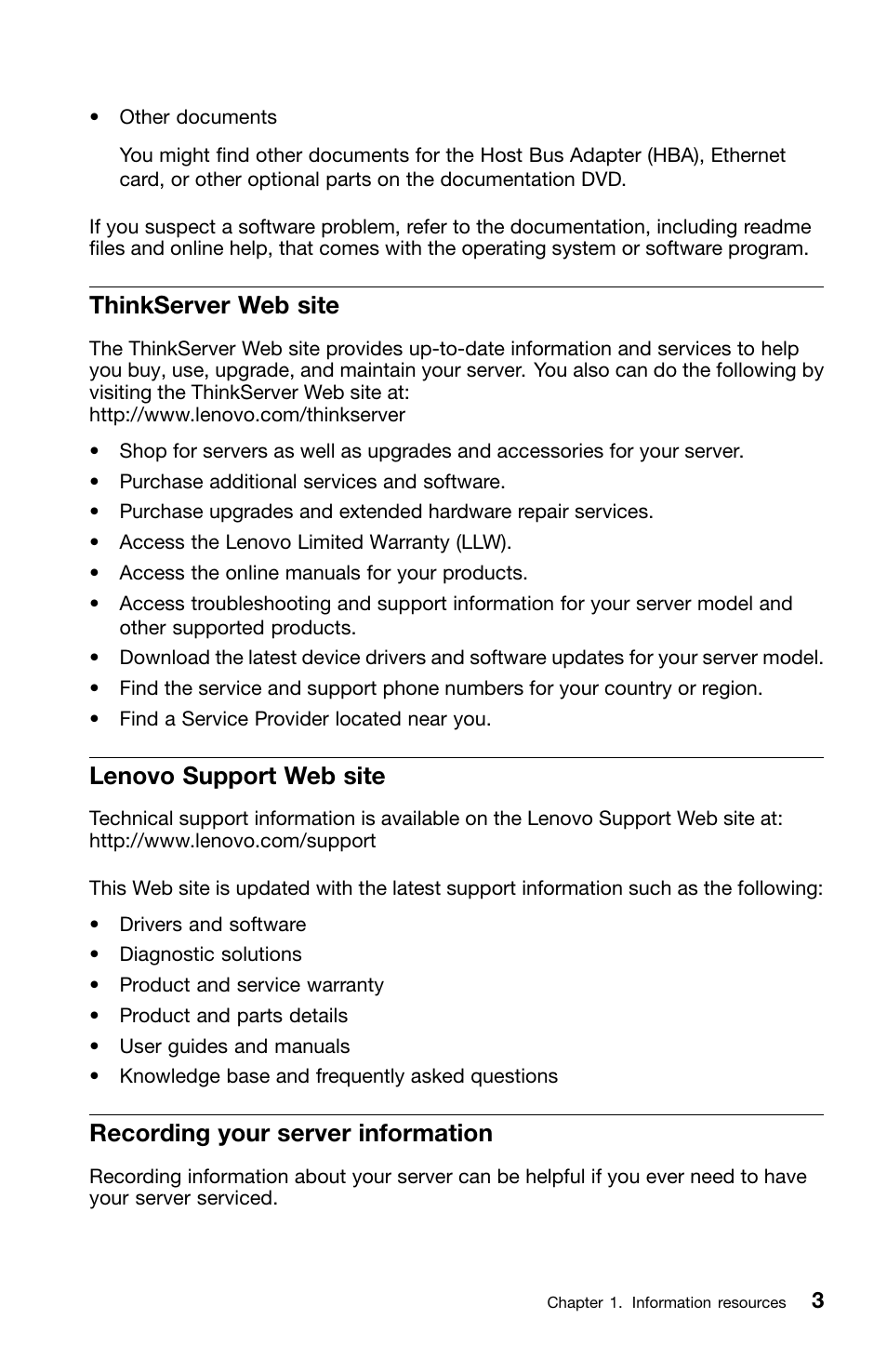 Thinkserver web site, Lenovo support web site, Recording your server information | Lenovo ThinkServer RD550 User Manual | Page 19 / 50