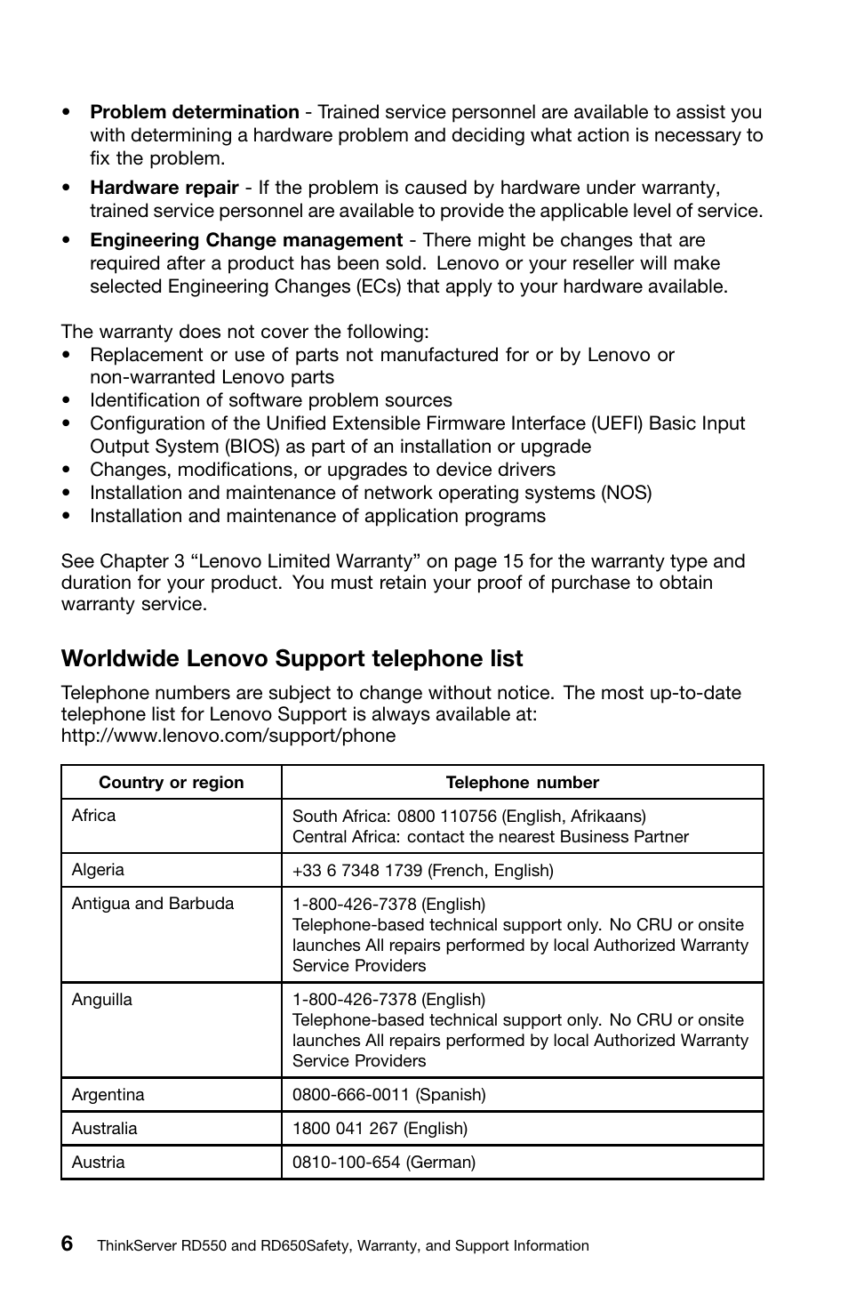 Worldwide lenovo support telephone list | Lenovo ThinkServer RD550 User Manual | Page 22 / 50