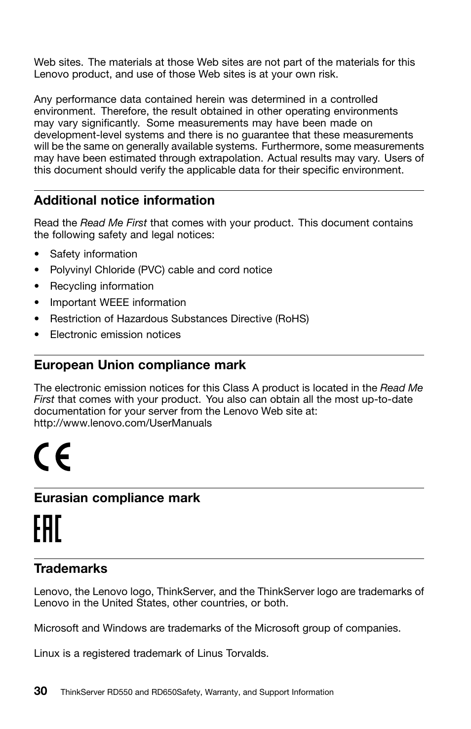 Additional notice information, European union compliance mark, Eurasian compliance mark | Trademarks, Eurasian compliance mark trademarks | Lenovo ThinkServer RD550 User Manual | Page 46 / 50