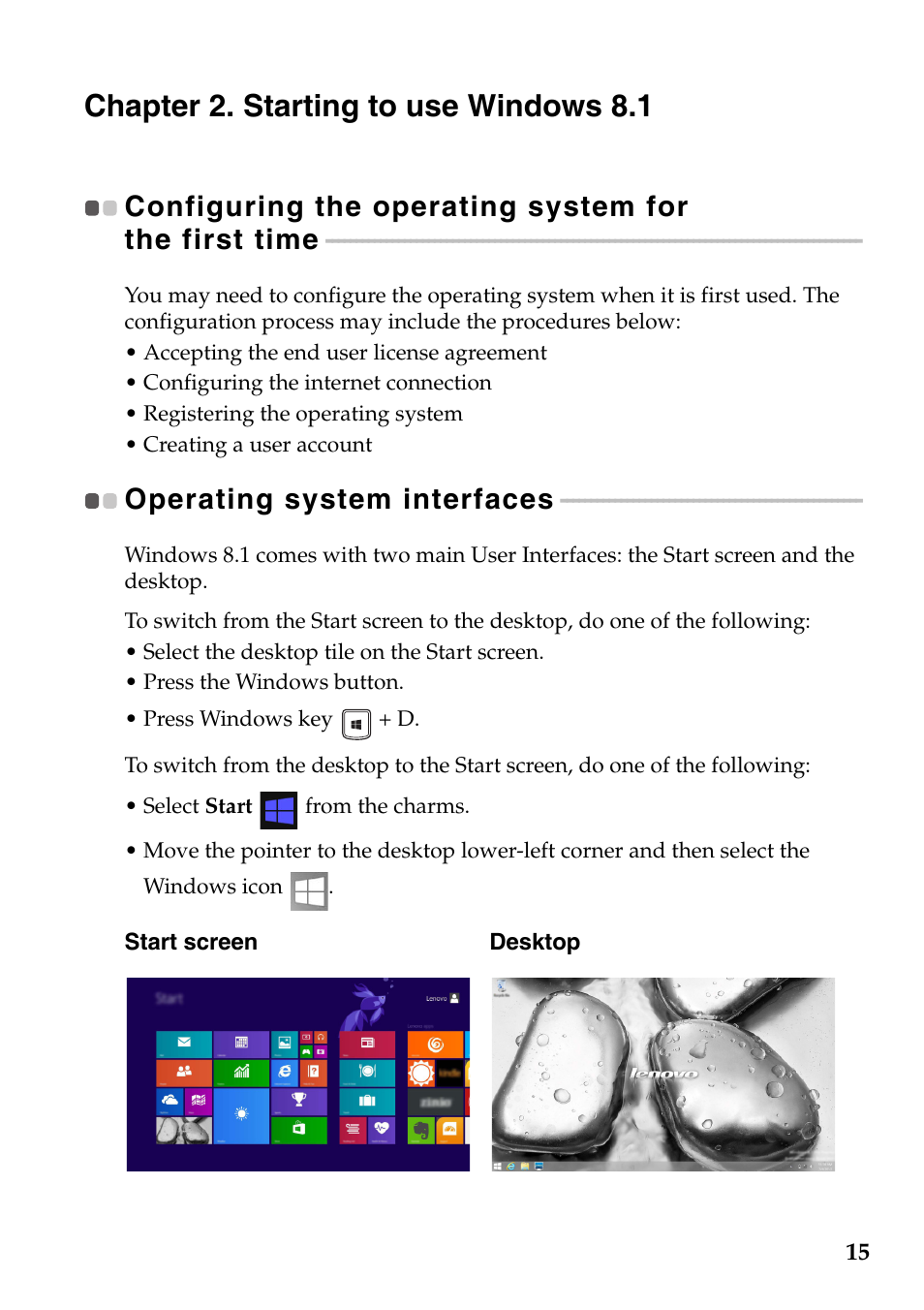 Chapter 2. starting to use windows 8.1, Operating system interfaces | Lenovo Yoga 2 Pro Lenovo User Manual | Page 19 / 37