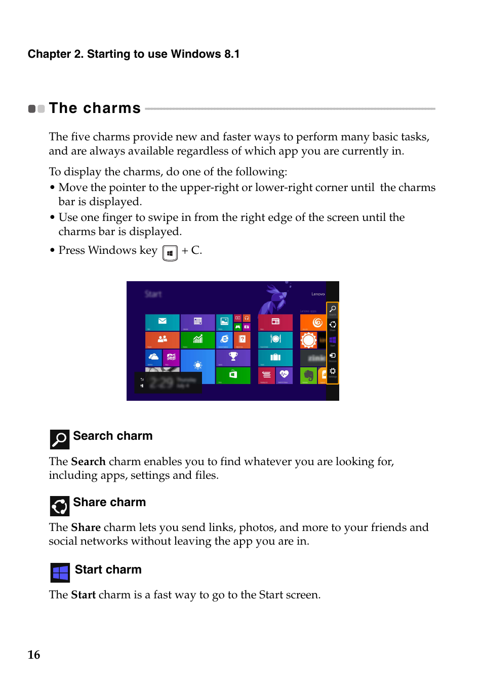 The charms | Lenovo Yoga 2 Pro Lenovo User Manual | Page 20 / 37