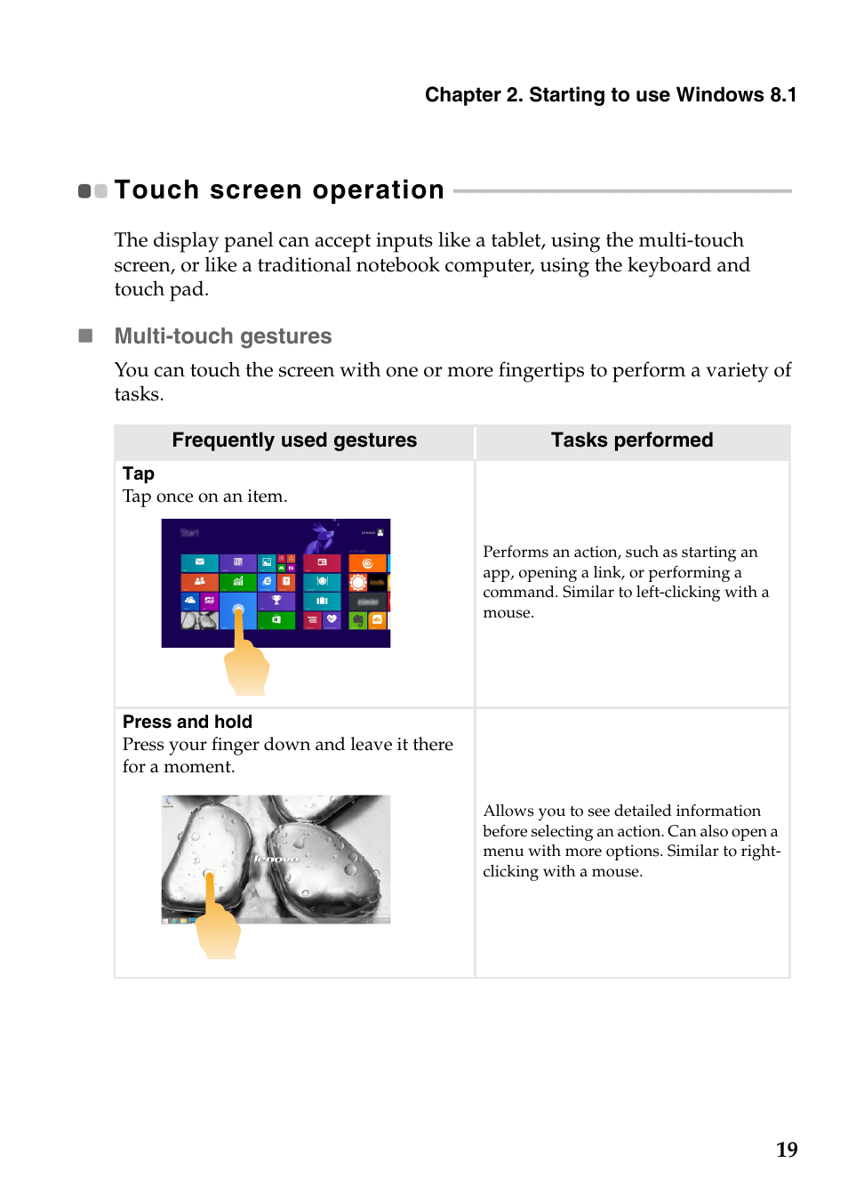 Touch screen operation | Lenovo Yoga 2 Pro Lenovo User Manual | Page 23 / 37