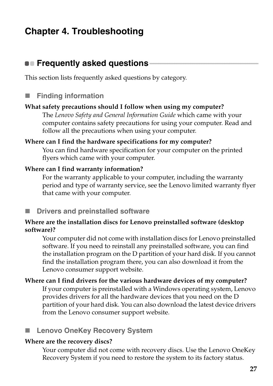 Chapter 4. troubleshooting, Frequently asked questions | Lenovo Yoga 2 Pro Lenovo User Manual | Page 31 / 37