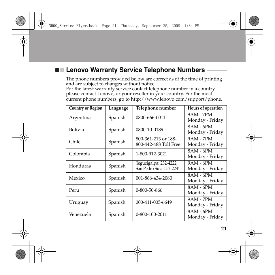 Lenovo warranty service telephone numbers | Lenovo N500 Notebook User Manual | Page 22 / 23