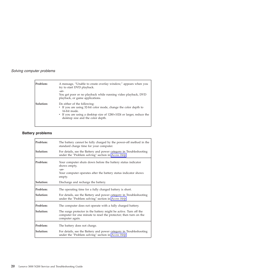 Battery problems, Battery, Problems | Lenovo 3000 N200 Notebook User Manual | Page 30 / 70