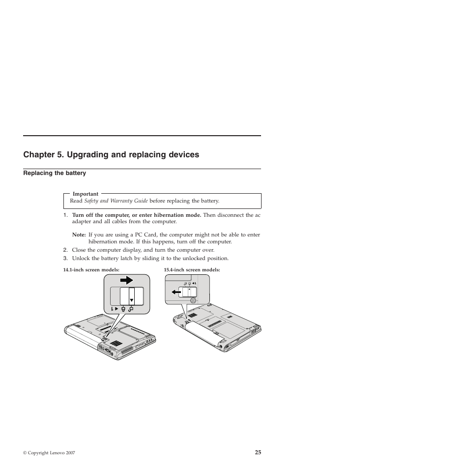 Chapter 5. upgrading and replacing devices, Replacing the battery, Chapter | Upgrading, Replacing, Devices, Battery | Lenovo 3000 N200 Notebook User Manual | Page 35 / 70