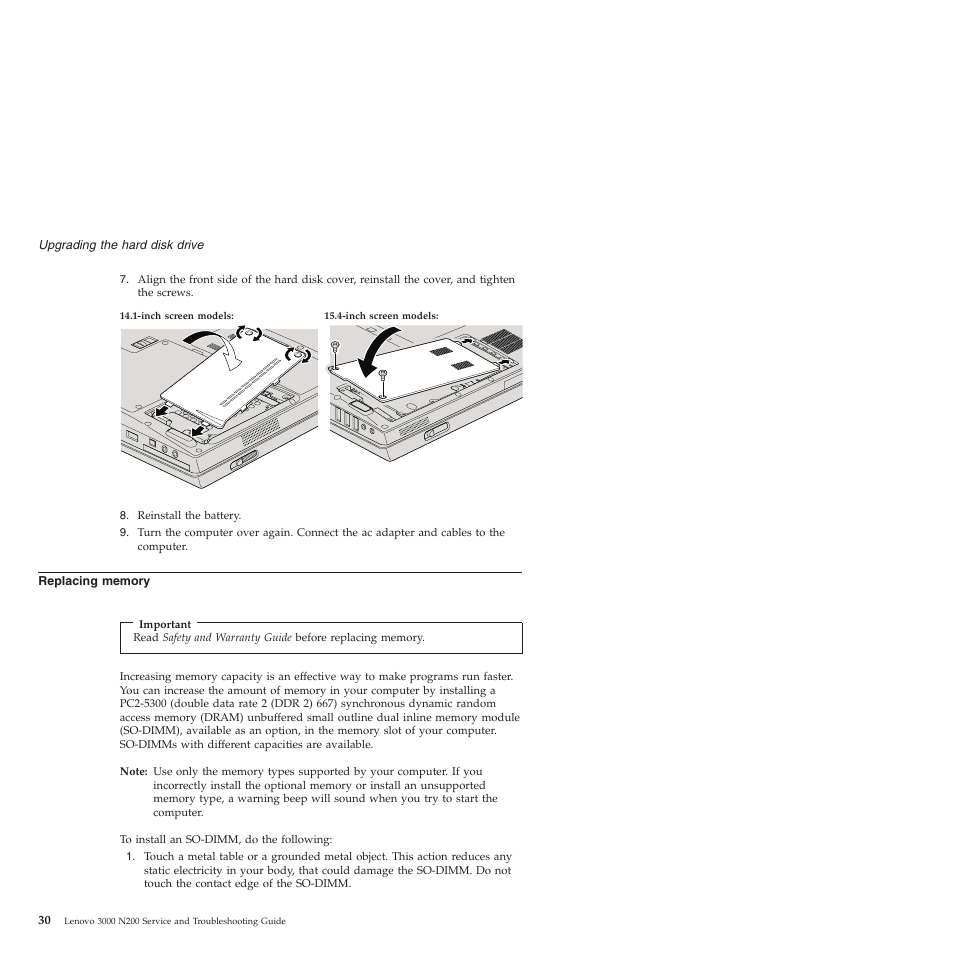 Replacing memory, Replacing, Memory | Lenovo 3000 N200 Notebook User Manual | Page 40 / 70